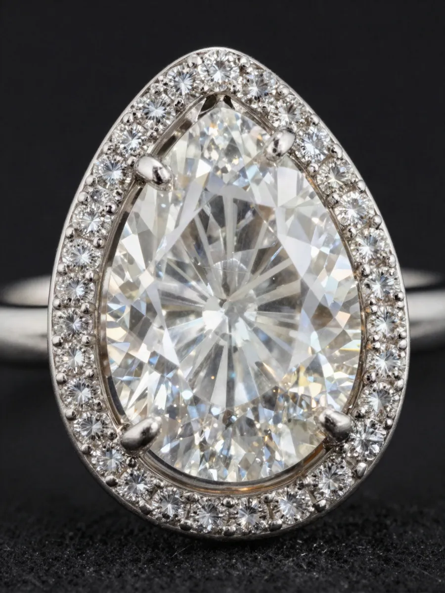 Close view of a pear diamond ring and its pavé halo