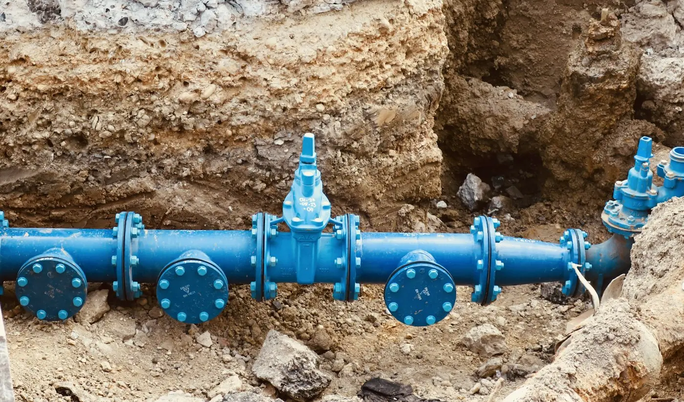 A new water main and valve laid in an open trench